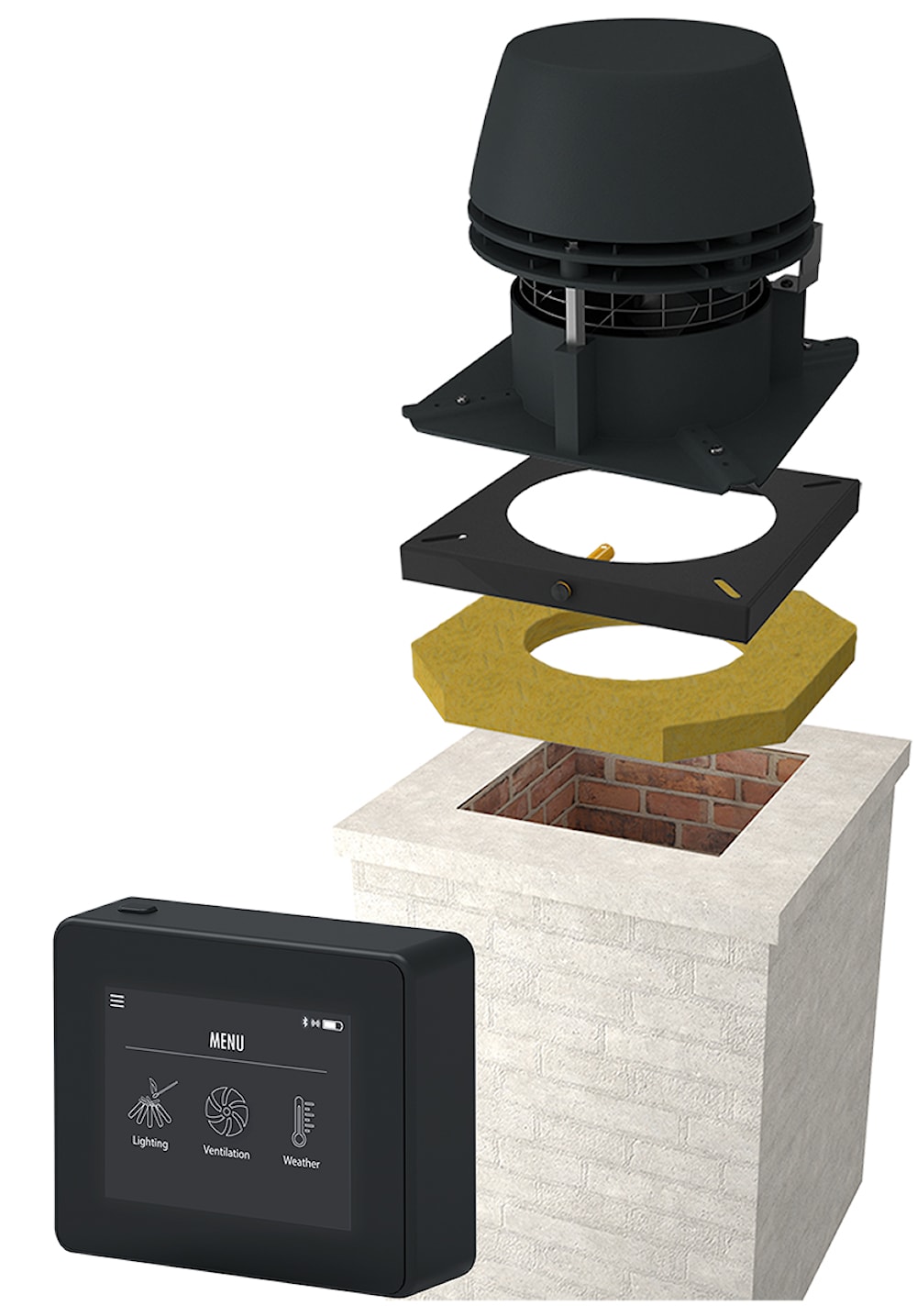 Exodraft paket 6 RS 12 - Öppen eldstad murad skorsten Rökgasfläktar frilagd